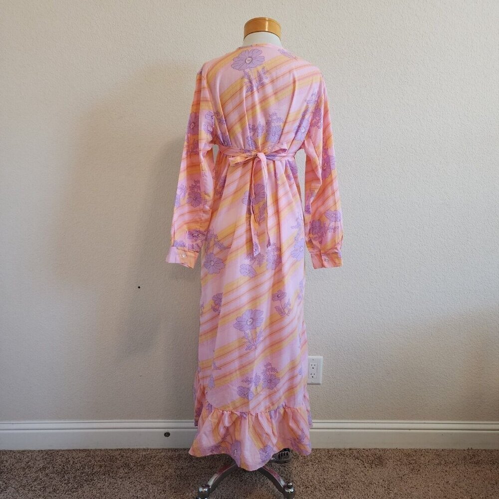 Vintage Floral Striped Housewife Ruffle Hem Long Sleeve Maxi Dress Nightgown M - Picture 7 of 11